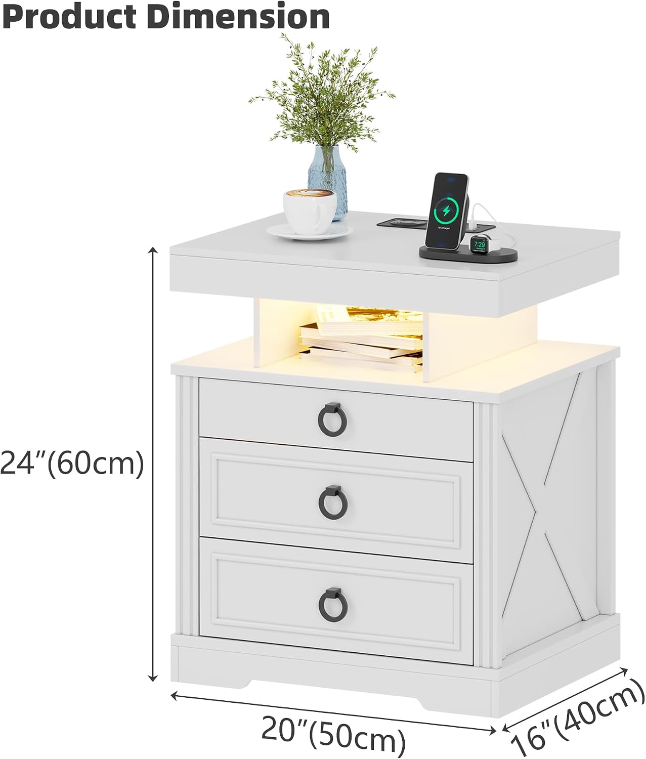 Smart LED Nightstand with Lockable Gun Drawer & Glass Top（Black） | Modern Bedside Table with Charging Station and Hidden Storage, LED Night Stand with 4 Drawers & Motion Sensor for Bedroom