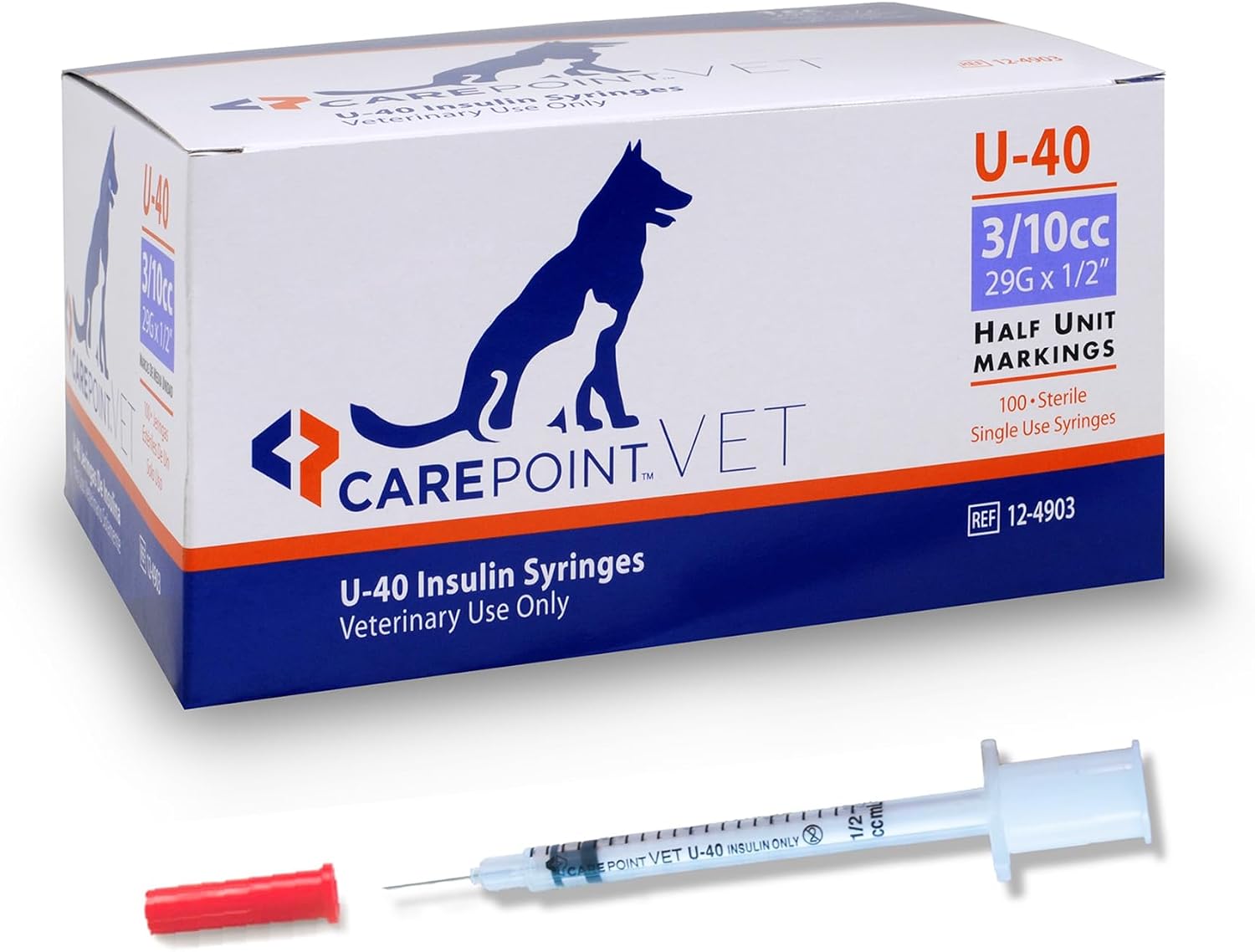 Carepoint Vet U-40 Pet Insulin Syringes, 29G x 1/2" 1/2cc, Comfortable Injection, Bold Permanent Markings for Accurate Dosage, Disposable, Box of 100
