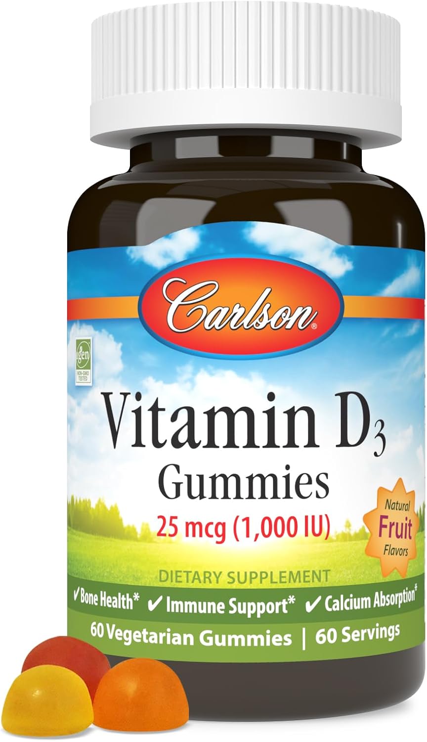 Carlson Vitamin D3 Gummies, 1000 IU (25 mcg), 60 Vegetarian Gummies | Mixed Fruit; Bone Health; Calcium Absorption; Non-GMO