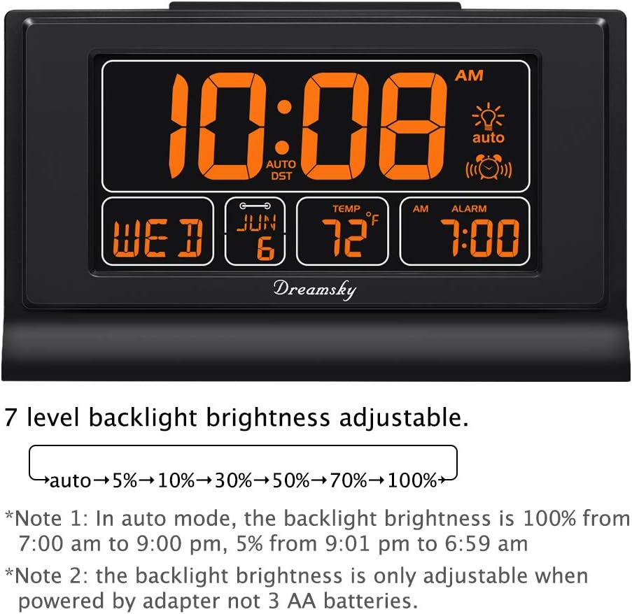 DreamSky Alarm Clocks for Bedrooms with Battery Backup, Auto Set | Digital Clock with Date & Day of Week, 5 Inch Large Display, Weekday, Temperature, USB Port, Auto DST, Brightness Dimmer