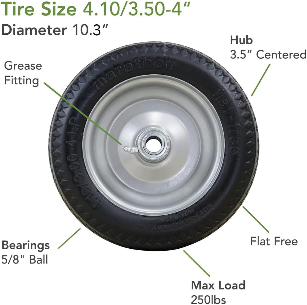 Marathon 4.10/3.50-4" Flat Free, All Purpose Utility Tire on Wheel, 3.5" Centered Hub, 3/4" Bearings