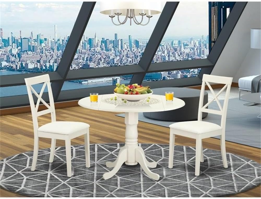 East West Furniture DLBO3-WHI-W 3 Piece Dining Room Table Set Contains a Round Kitchen Table with Dropleaf and 2 Dining Chairs, 42x42 Inch, Linen White