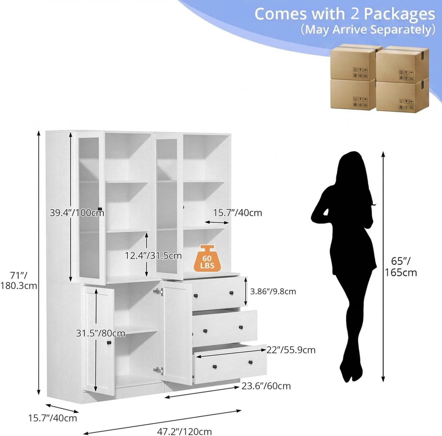 TUSY 71" H Bookcase with Storage | 6-Tier Modern Bookshelf with Drawers, Display Bookcase with Glass Doors, White Curio Cabinet for Home Office, Living Room