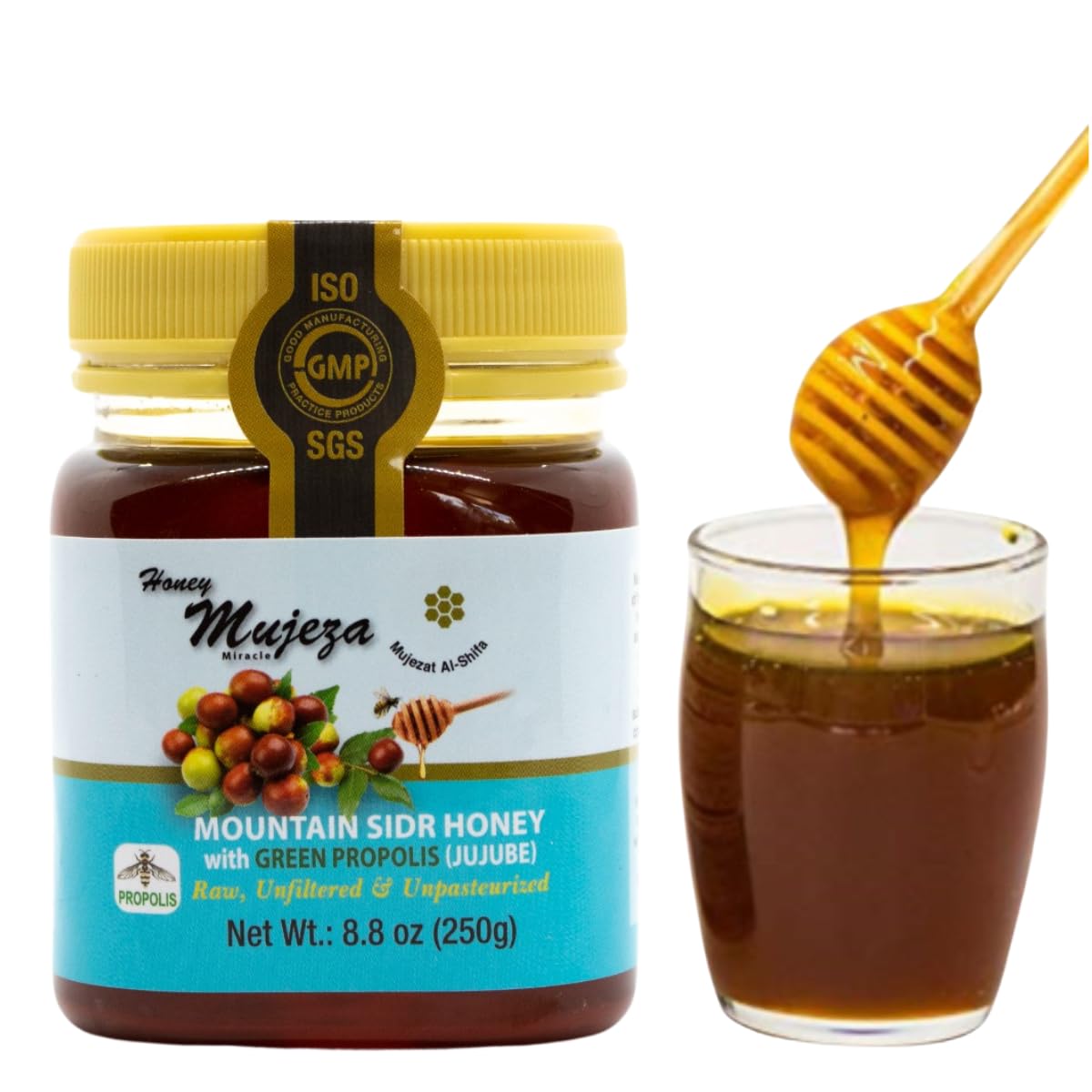 Authentic Mountain Sidr Honey with Propolis – Jujube Honey, Supports Mental Health, Memory and Cognition, 100% Natural, Raw Liquid Honey, Gluten Free (250g/ 8.8 oz)