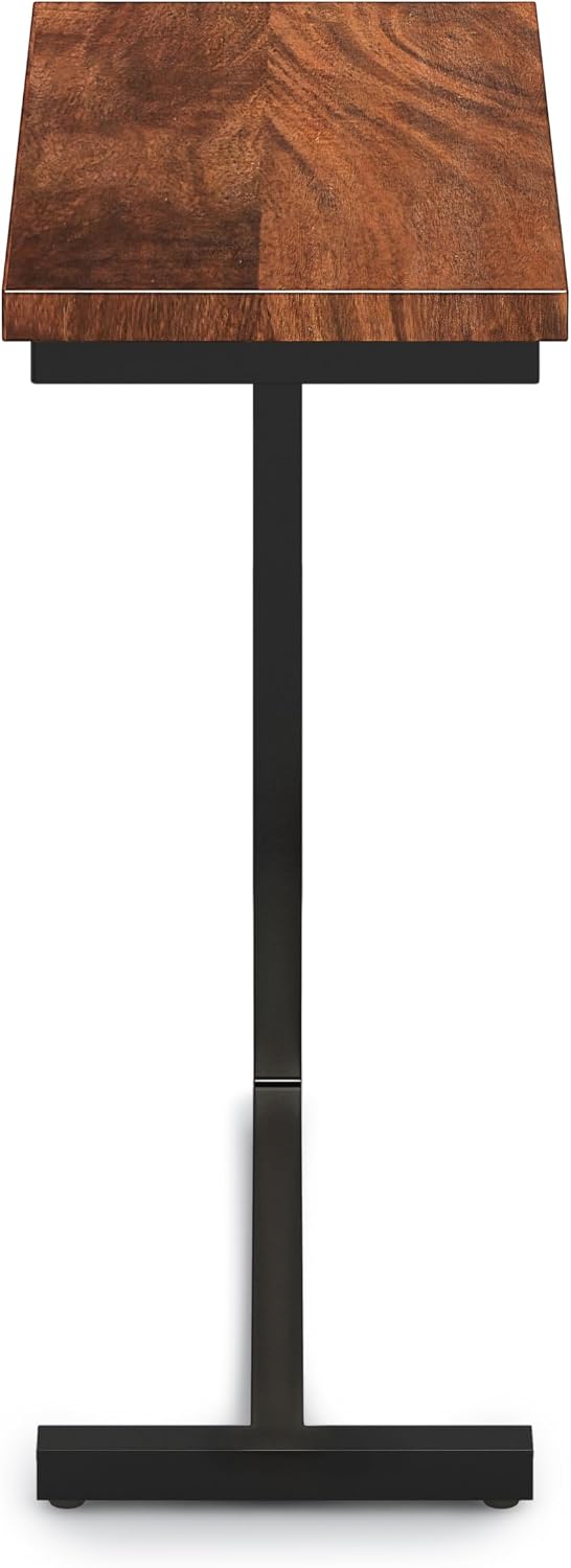 SIMPLIHOME Skyler 18" Wide Solid Wood C-Side End Table in Dark Cognac Brown | Industrial slide-under accent table with open frame, assembled; perfect for living rooms as a side table or sofa table.