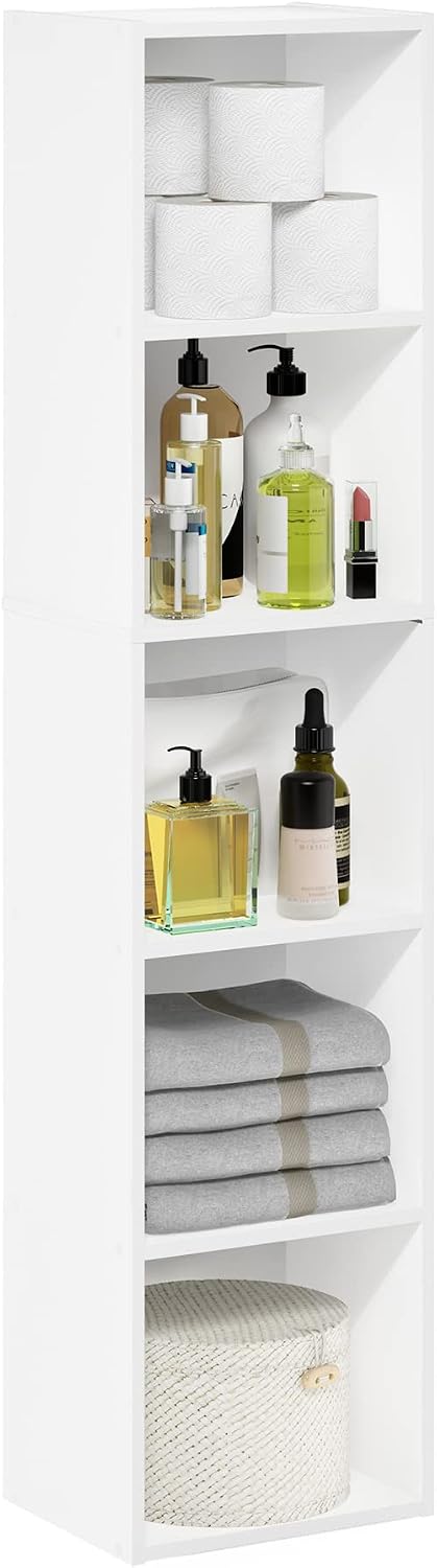 Furinno PASIR Book Shelf, 5-Tier Modern Bookshelf, Open Shelves Bookcase, 9 x 12 x 52, for Living Room, Bedroom, Home Office, Plain White