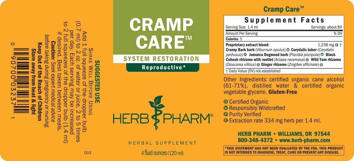 Herb Pharm Cramp Care Liquid Herbal Extract Drops to Support a Healthy Menstrual Cycle, 4 Oz