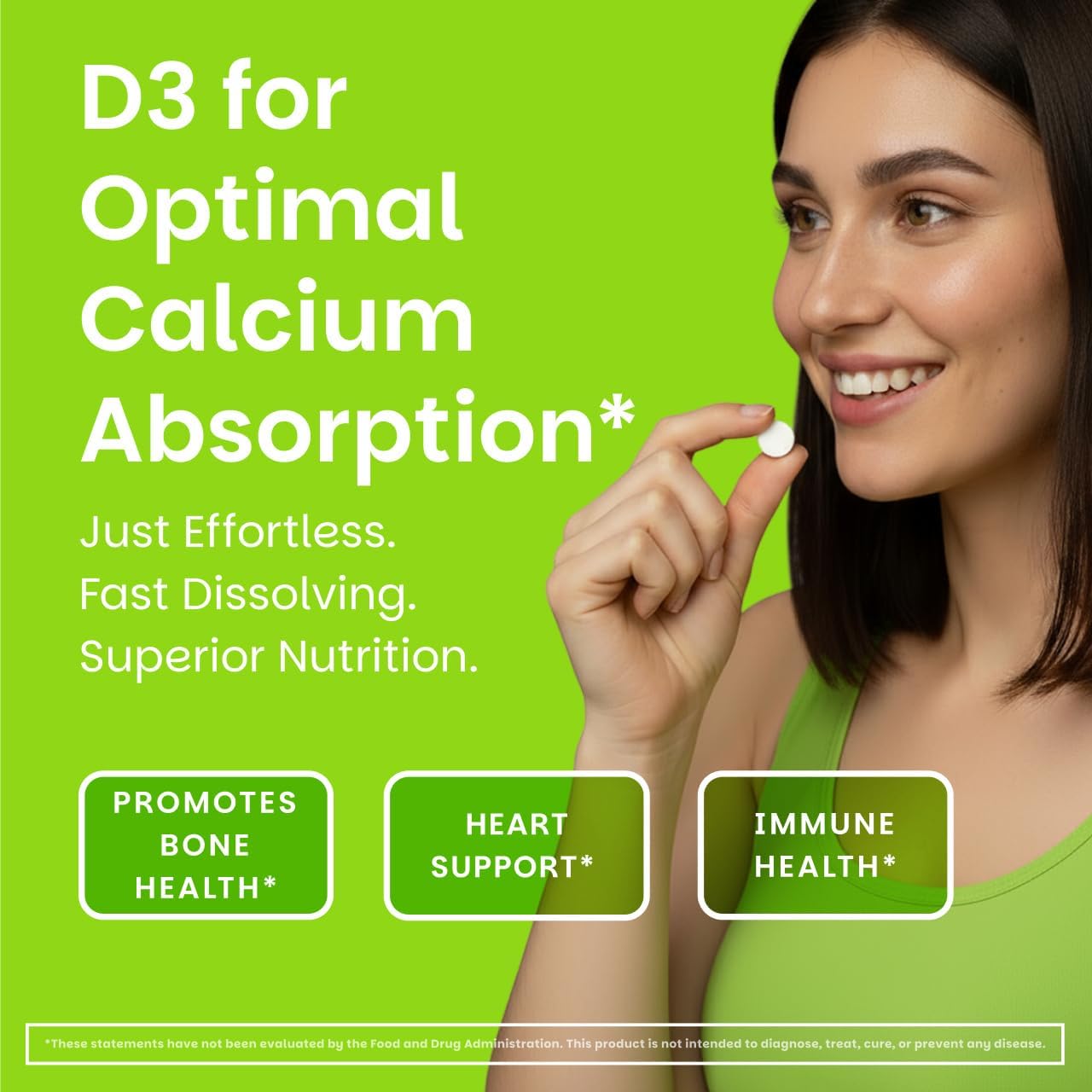 EZ Melts Dissolvable Vitamin D3 5,000 IU - Vegan Vitamin D Supplement for Bone & Teeth Support - No Artificial Flavors - Plant-Based & Non-GMO - Green Apple - 90 Dissolvable Tablets (90 Servings)