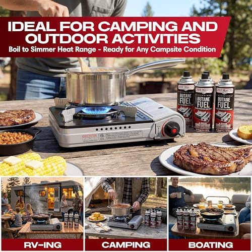 Chef Master 12,000 BTU Portable Butane Stove - Gas Burner for Camping & Outdoor Cooking - Countertop Cooktop with Carry Case, Wind Guard & Electronic Ignition - Portable Cooker & Burner Stove – 90235