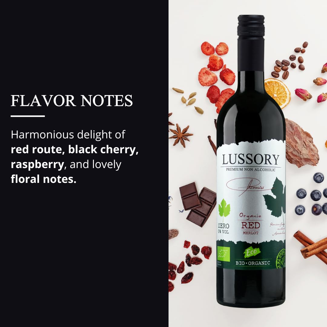 Lussory Organic Merlot Dealcoholized 0.0% Non Alcoholic Wine Red From Spain, Low Calories, Organic, Vegan (750ml, 1 Bottle)