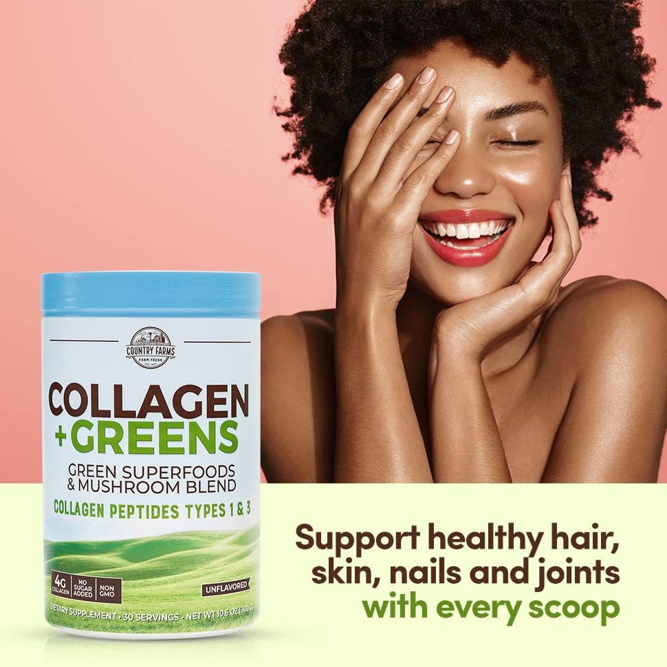 Country Farms Collagen Peptides Powder with Greens Dietary Powder Supplement (Type I, III) for Skin Hair Nail and Joints, Dairy/Sugar Free, Energizing Superfoods, Natural, 10.6 Oz 30 Servings