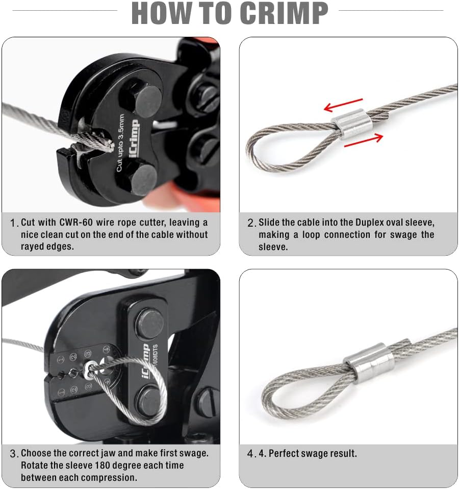 iCrimp Wire Rope Crimping Tool for Aluminum Loop Sleeve, Two Barrel Ferrule, Oval Sleeves, 3/64 in to 1/8 in, Swaging Tool Kit with Wire Rope Cutter