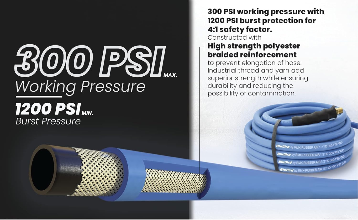BLUBIRD BB1250 1/2" x 50' Rubber Air Hose, 100% Rubber, Lightest, Strongest, Most Flexible, 300 PSI, 50F to 190F Degrees, Ozone Resistant, High Strength Polyester Braided