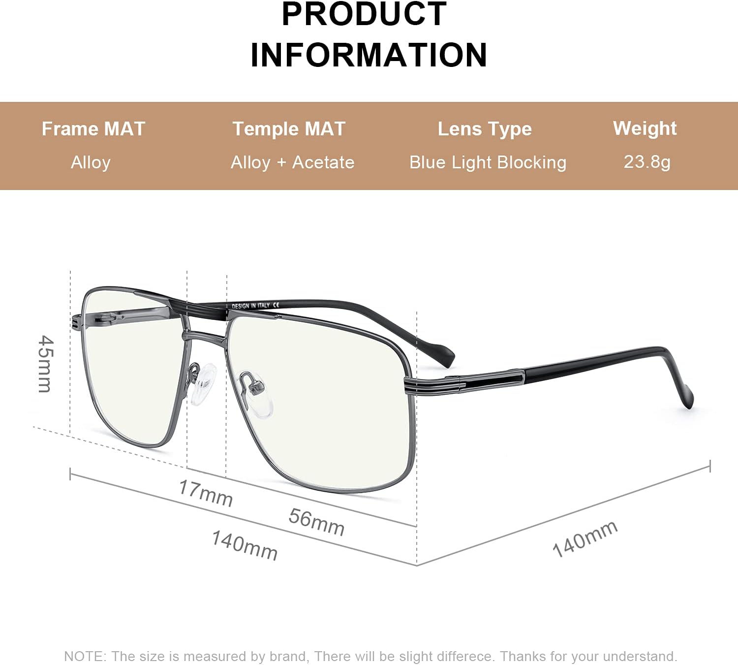 Reading Glasses for Men Square Double Bridge Blue Light Blocking Computer Readers