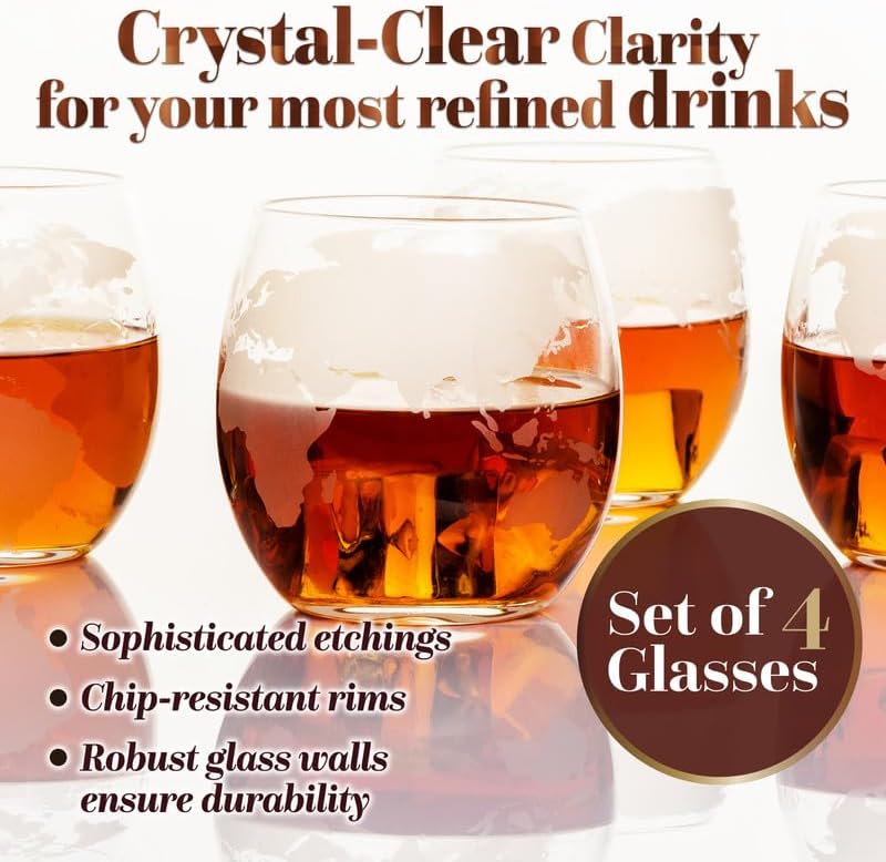 Kemstood Whiskey Decanter Sets for Men - Etched World Globe Design with Wood Stand & 2 Glass - Ideal for Dignified Drinking, Home Decor - Unique Whiskey Gifts for Men - 28 oz / 850 ml Capacity
