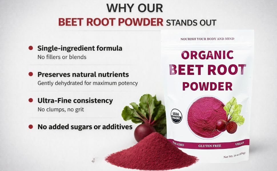 Chérie Sweet Heart Organic Beet Root Powder – Raw, Non-GMO, 1 LB – Natural Energy Boost, Supports Circulation, Detox, & Heart Health – Vegan, Gluten-Free
