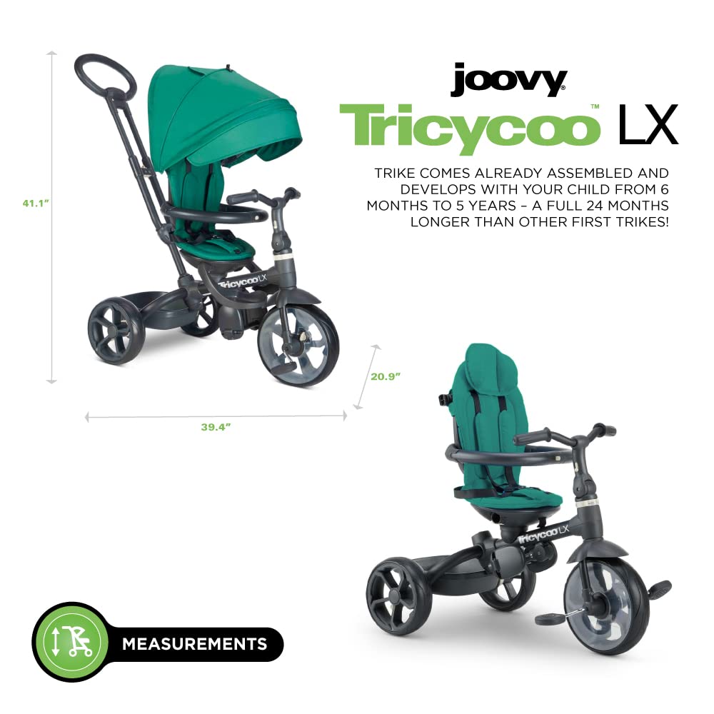 Joovy Tricycoo 4.1 Kids Tricycle with 4-Stages Featuring Extra-Wide Front Tire, Removable and Adjustable Parent Handle, Safety Harness