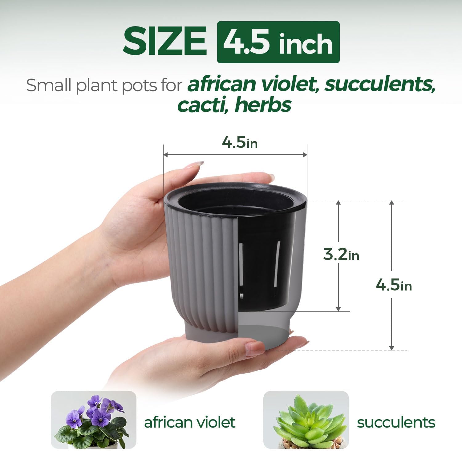T4U Self Watering Pots for Indoor Plants, 4 Inch 6 Pack Planter White