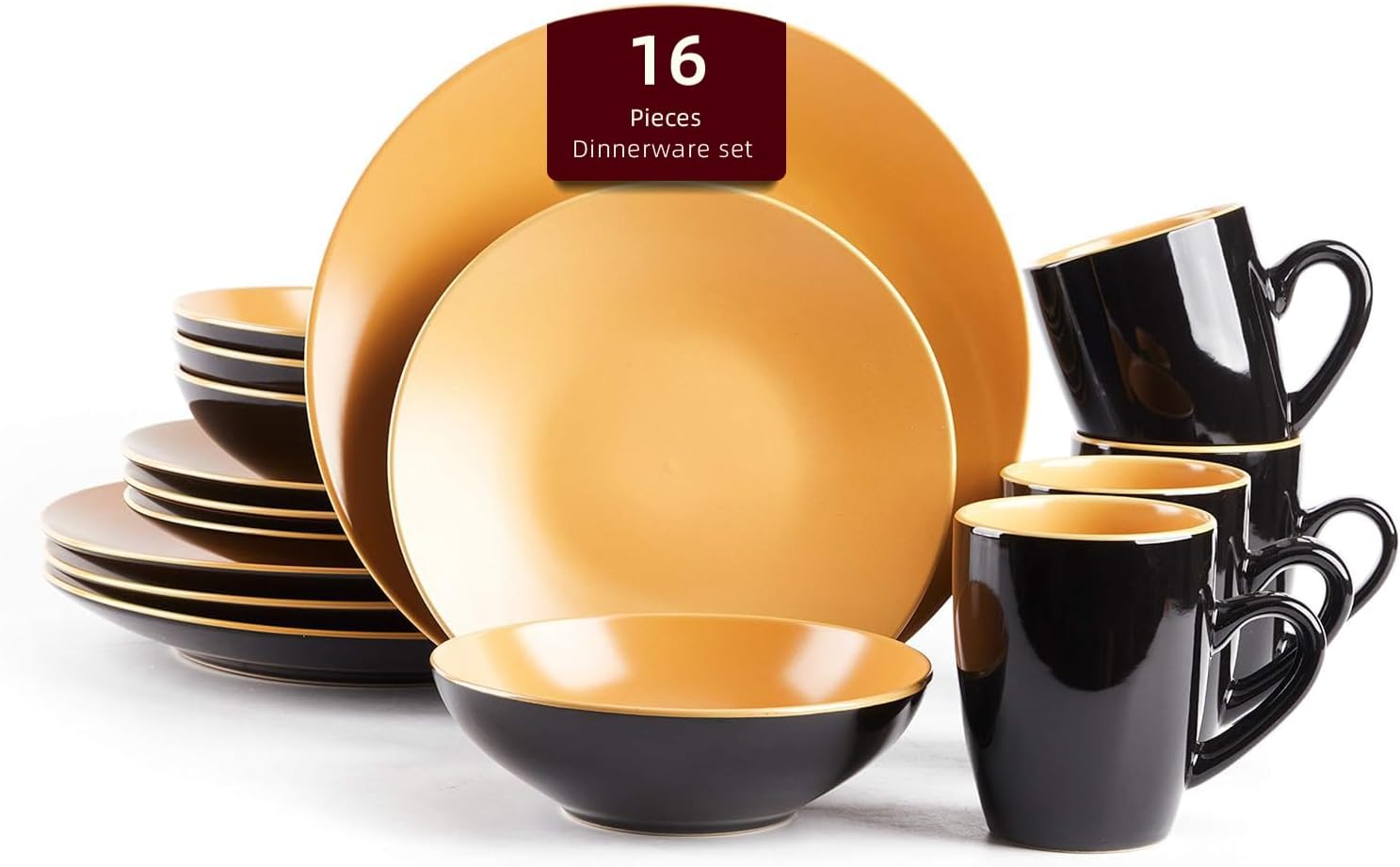 Stoneware Two-Tone Colors Life 16pc Dinner Set，Outside Shiny Black + Inside Matte Glaze Olive