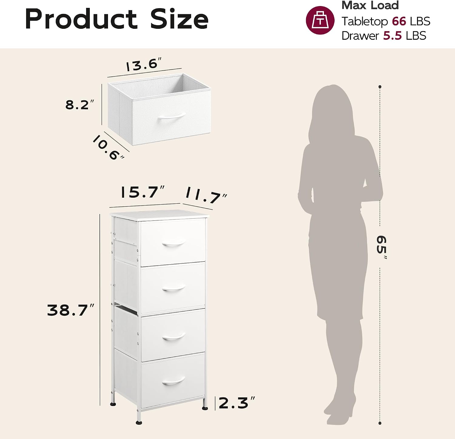 WLIVE Small Dresser Nightstand for Bedroom, 4 Drawers, Light Grey | 4 vertical fabric drawers, Space-saving tower, Bedroom or closet use, Chest of drawers, Dresser for small spaces