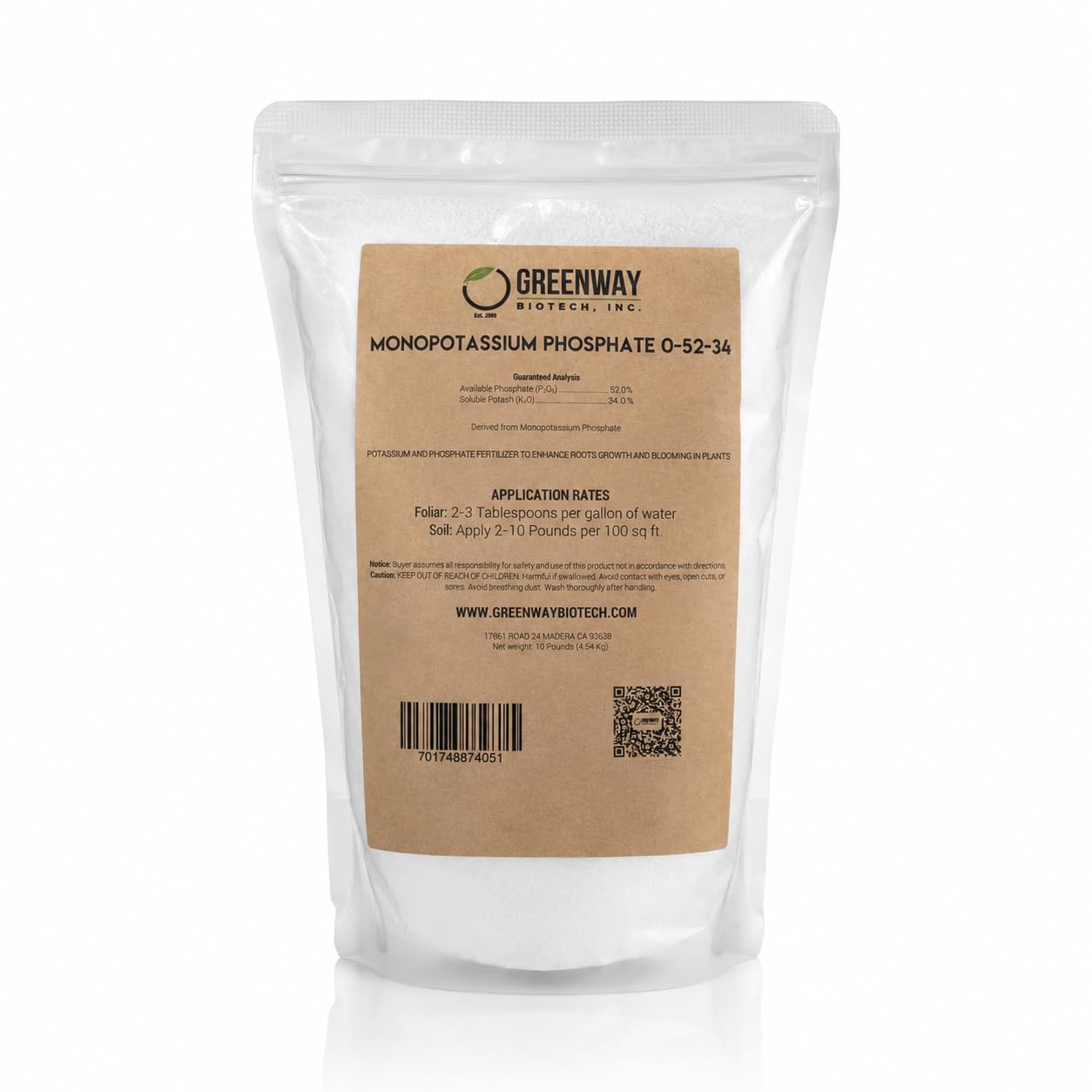 Greenway Biotech, Inc. Monopotassium Phosphate Fertilizer 0-52-34-100% Water Soluble Hydroponics for Root Strength - Increase Yield and Blooming - High Purity Plant Nutrient Formula - 2 Pounds