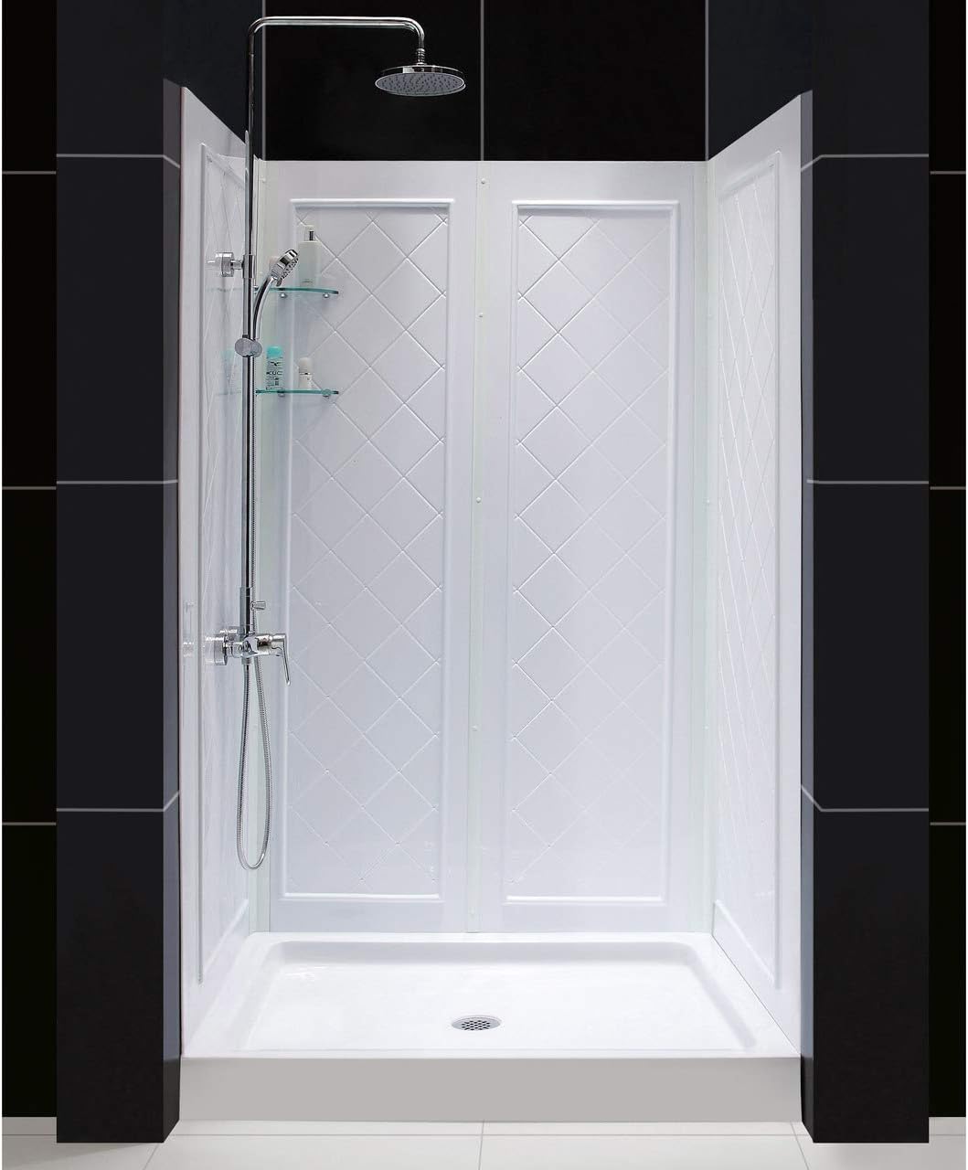DreamLine 32 in. D x 32 in. W x 76 3/4 in. H Center Drain Acrylic Shower Base and QWALL-5 Backwall Kit In White, DL-6195C-01