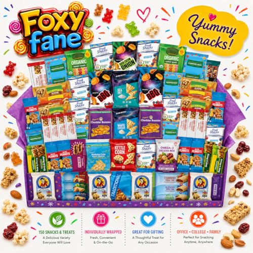Foxy Fane 60-Count Healthy Snack Box Care Package, Variety Pack of 60 Individually Wrapped Sweet and Savory Snacks, Assorted Gift Basket for Office