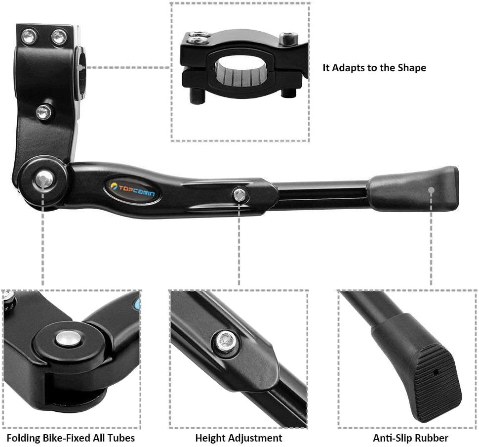 TOPCABIN Bike Kickstand Adjustable Aluminium Alloy Bicycle Kickstand Bike Side Kickstand Fit for 22" 24" 26" 28" Mountain Bike Road cycling/BMX/MTB (Black for 22-24-26-27-28 inch bike)