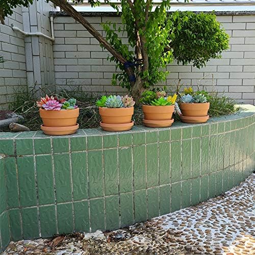 Yishang 6 Inch Terracotta Shallow Planters with Saucer/Tray, Ceramic Flower Clay Plant Pots with Drainage Hole