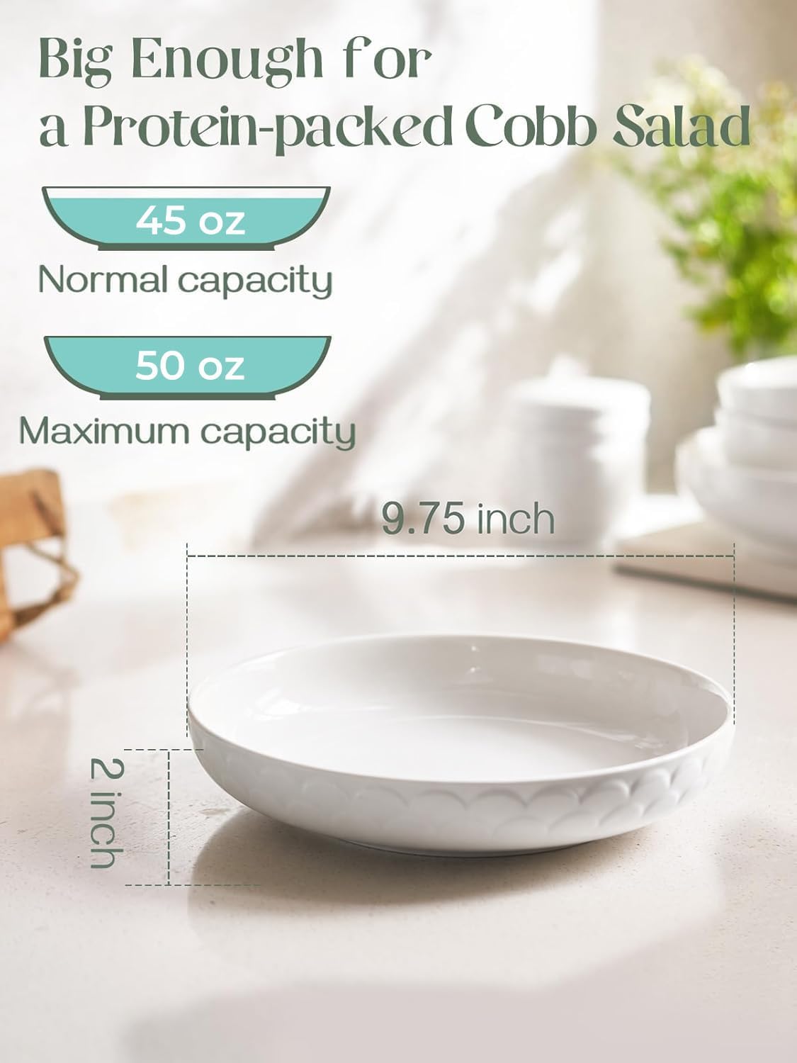 DOWAN Pasta Bowls Set of 4 for Large Portions, 54 oz Textured Motif Large Salad Serving Bowls, Ceramic Plates, White Soup Bowl for Kitchen Meal Prep