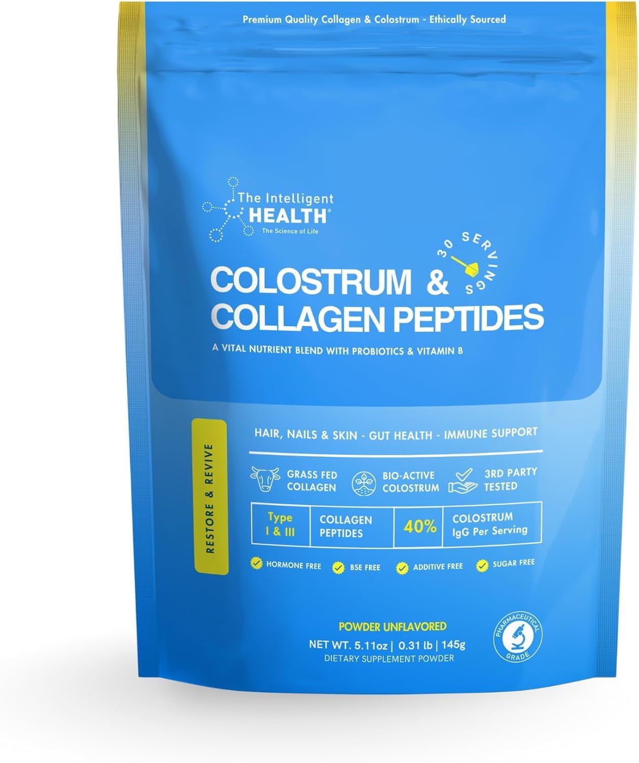 Collagen Peptides Powder, Hydrolyzed Collagen, Type I & III, 45 Servings | Grass Fed, Unflavored, Gluten Free, Keto/Paleo, Skin Support, Hair, Nail, Joints, 10g Servings, 15.9 Oz
