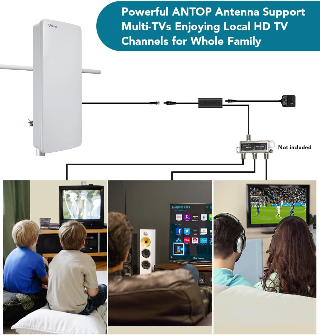 Antop Big Boy AT-400BV Outdoor Indoor HDTV Antenna with VHF Enhancer Rods, Digital Amplified HD Antenna for Smart TV Indoor 4K 1080P, 85 Miles Range