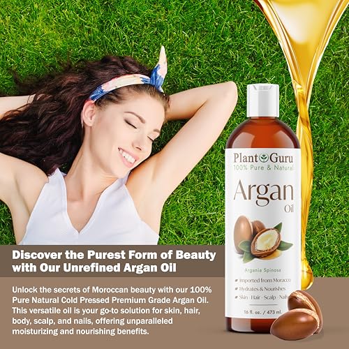 Plant Guru Argan Oil 16 fl. oz. Morocco Virgin, Cold Pressed 100% Pure Natural - Stimulates Hair Growth, Skin, Face And Body Moisturizer.