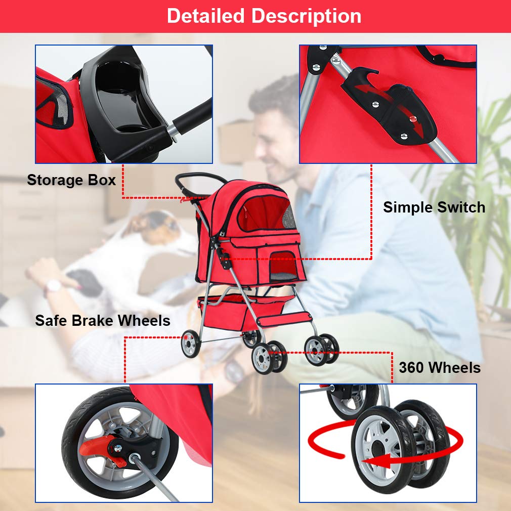 BestPet | 4-Wheel Foldable Pet Stroller | Black | Lightweight & Portable | Travel Carrier with Mesh Windows, Storage Basket, Cup Holder, Safety Brakes, and Waterproof Fabric | For Small Dogs and Cats