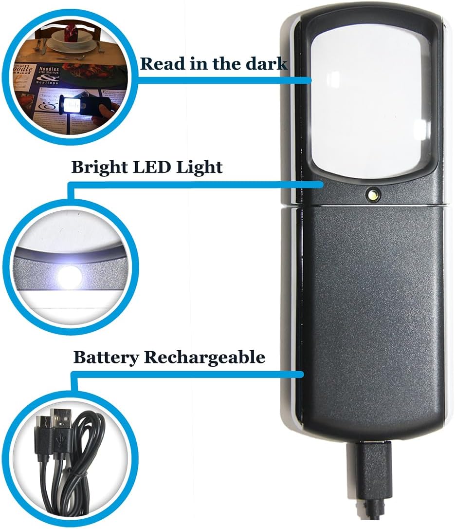 Small Rechargeable Magnifying Glass with LED Light 3.0X, Lighted Handheld Magnify Glasses for Reading Fine Prints & for Close Work