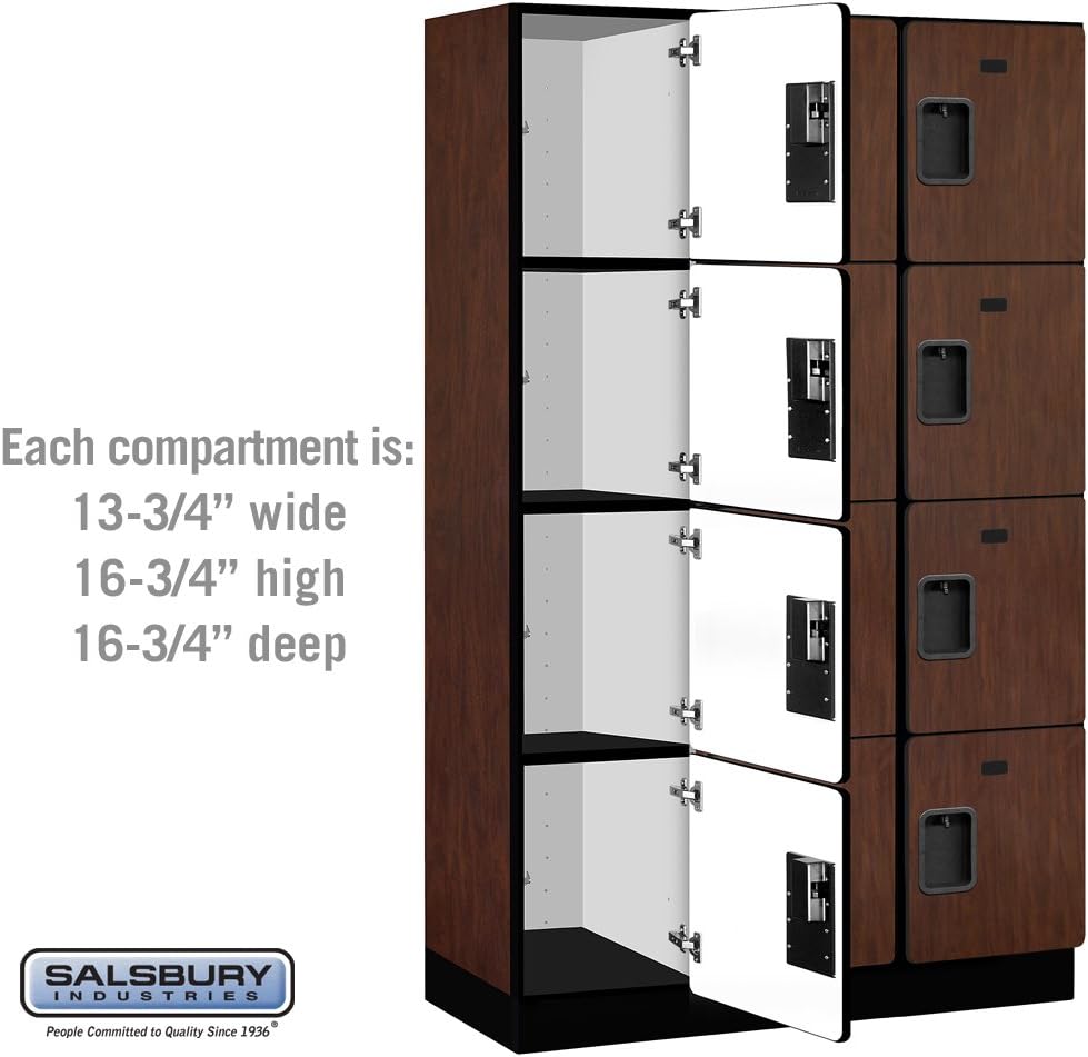 Salsbury Industries 4-Tier Extra Wide Designer Wood Locker with Three Wide Storage Units, 6-Feet High by 18-Inch Deep, Mahogany