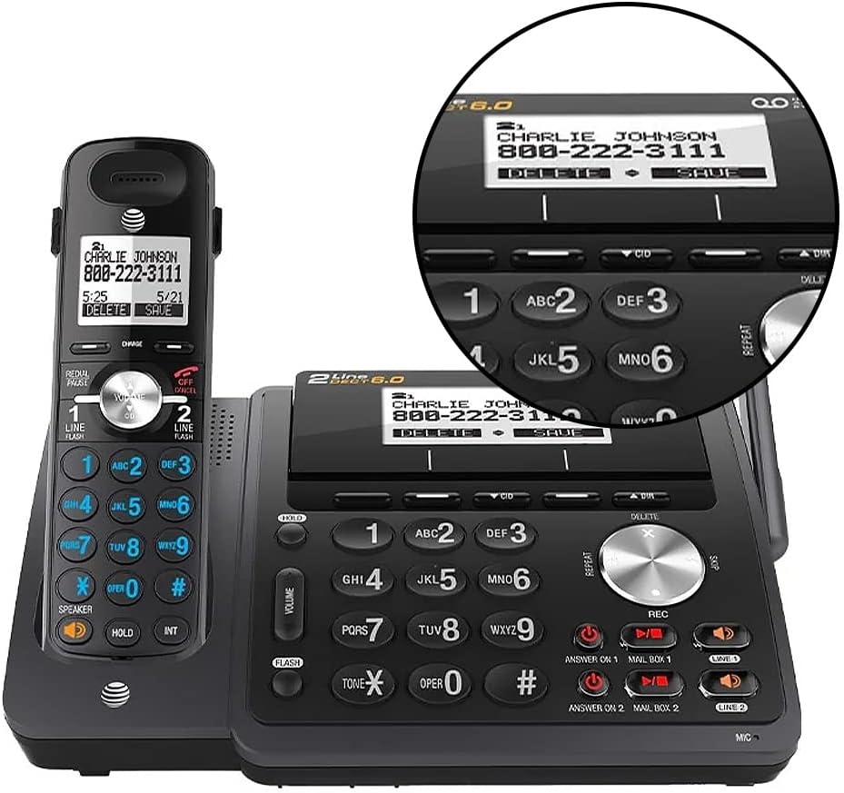 AT&T TL88102BK DECT 6.0 2-Line Expandable Cordless Phone with Answering System and Dual Caller ID/Call Waiting, 3 Handsets, Black