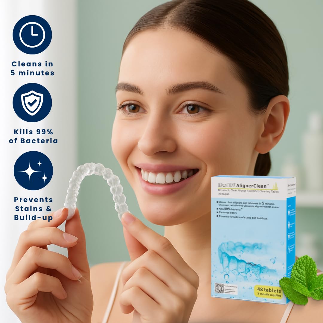 iSonic AlignerClean Denture Cleaner Tablets for Aligners, Retainers, Night Guards and CPAP Components, Ultrasonic Cleaning, 48 Count (1 Pack)
