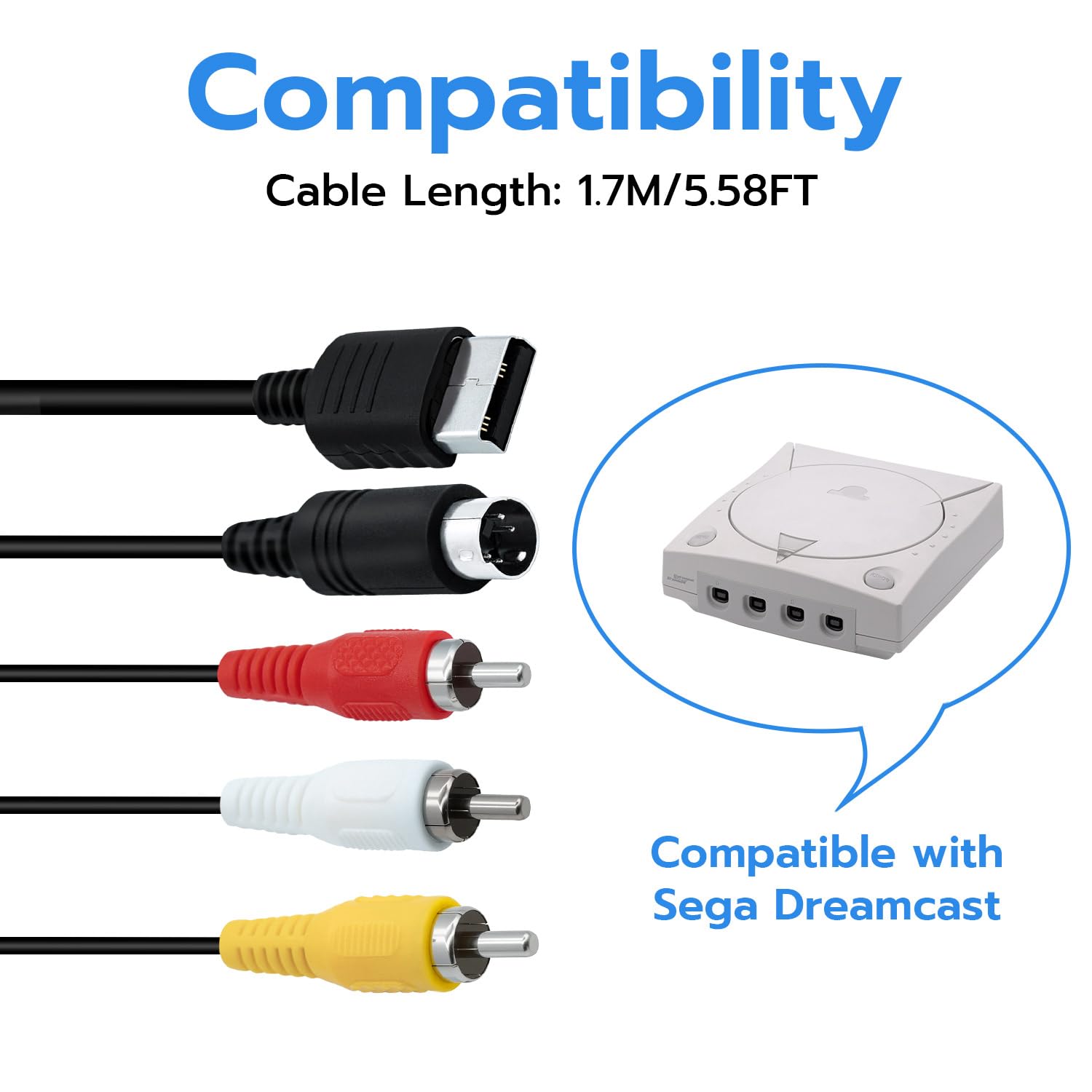Mcbazel AV Cable for Sega Dreamcast, Composite RCA Audio Video Cord Compatible with Sega Dreamcast - 1.7M/5.58FT