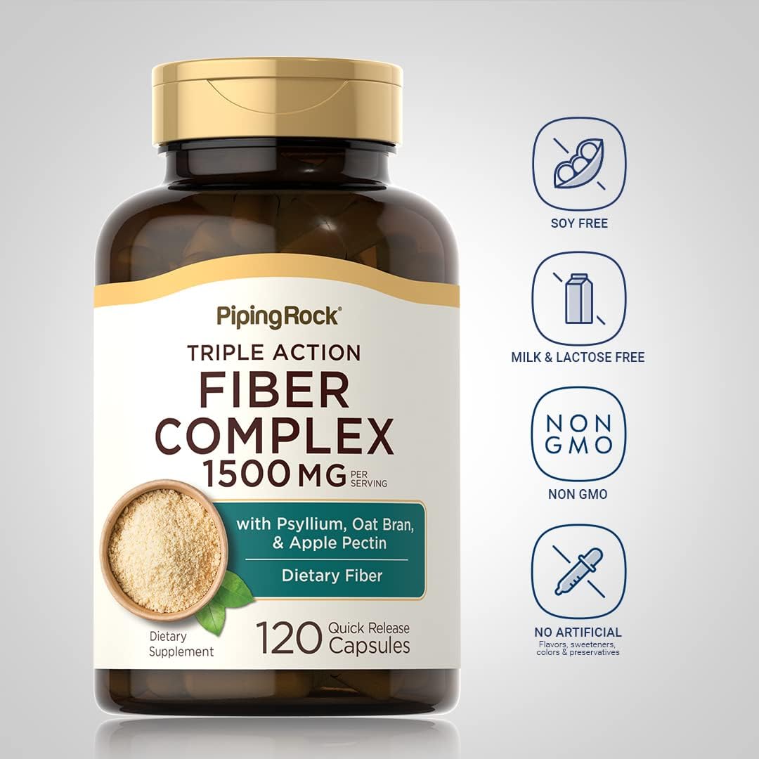 Piping Rock Fiber Complex Supplement | 1500mg | 120 Capsules | Triple Action Pills | with Psyllium, Oat Bran, and Apple Pectin | Non-GMO