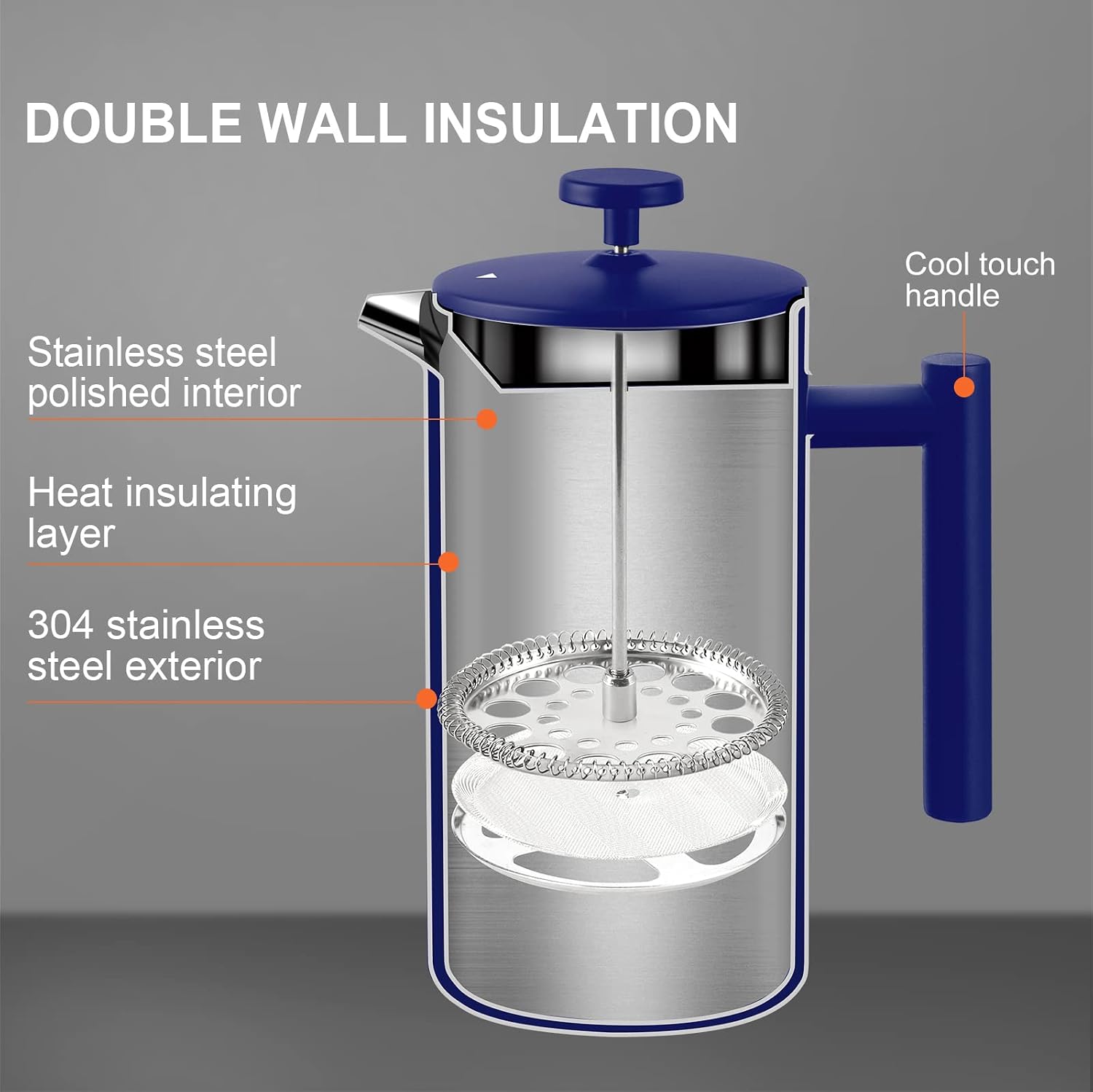 Secura French Press Coffee Maker, 304 Grade Stainless Steel Insulated Coffee Press with 2 Extra Screens, 34oz (1 Litre), Silver