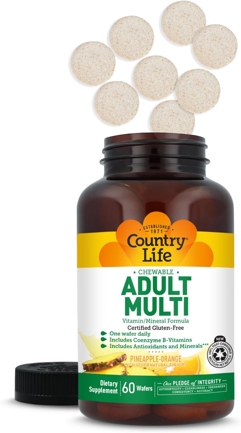 Country Life Adult Chewable Multivitamin, Pineapple Orange, 60 Wafers | 60 servings with coenzyme B vitamins