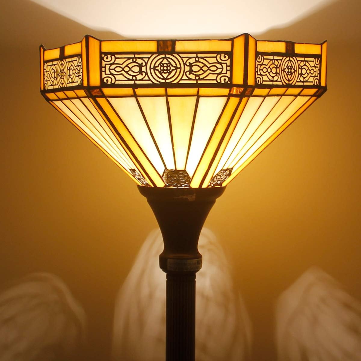 WERFACTORY Tiffany Floor Lamp Yellow Hexagon Stained Glass Mission Light | 12X12X71 Inches Torchiere Standing Corner Torch Uplight Decor Bedroom