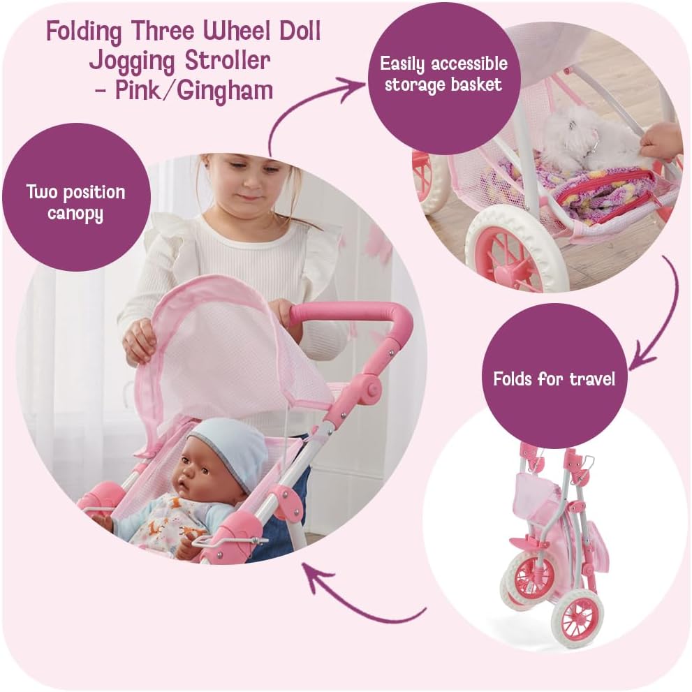 Badger Basket Foldable Jogging Style Doll Stroller - Adjustable Handle, Canopy, Straps & Basket - Fits 18-22" Dolls