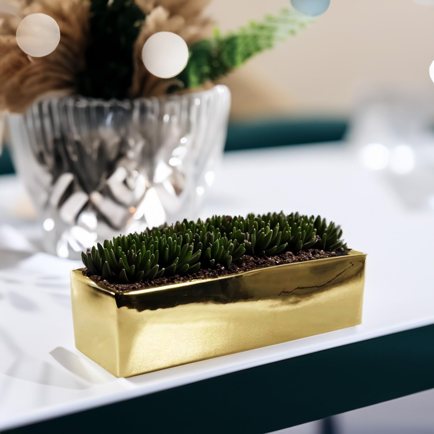 WGVI Long Rectangle Ceramic Planter Vase in White 14" x 4" x 4"H, Rectangular Box Block Terrarium Pot, Flower Arrangement, Tabletop Centerpiece