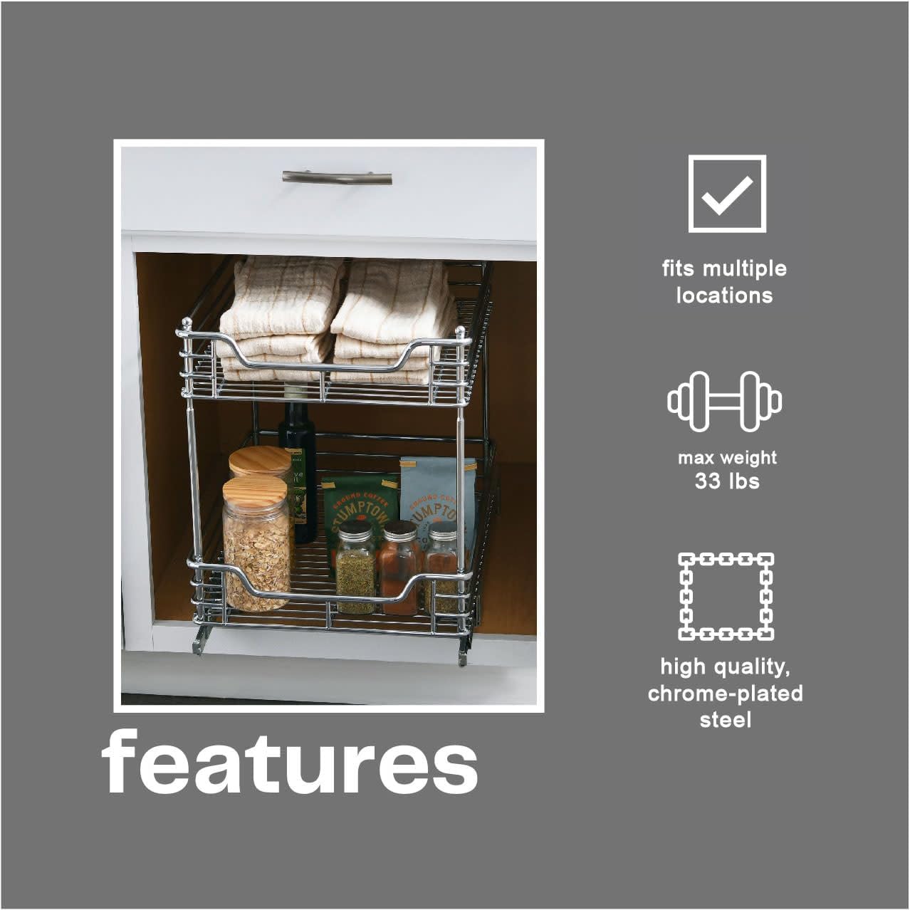 Household Essentials Glidez 2‑Tier Multipurpose Chrome‑Plated Steel Pull‑Out/Slide‑Out Under Cabinet Organizer, Chrome Finish