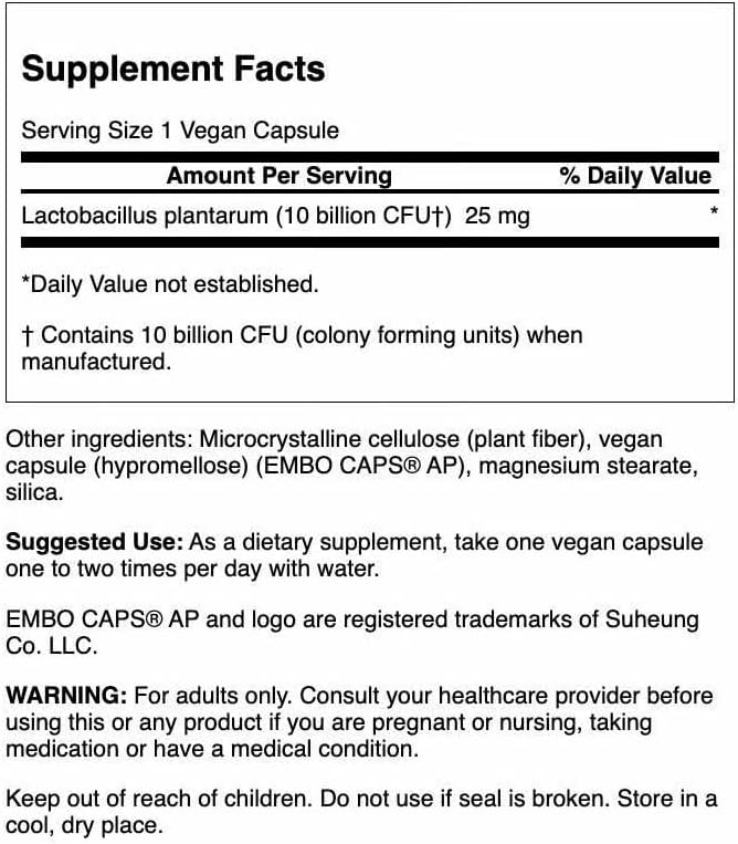 Swanson L. Plantarum - 10 Billion CFUs - Probiotic Supplement for Occasional Gas & Bloating - Supports Lower GI Tract Health* - No Refrigeration Needed - Non-GMO - 30 Vegan Capsules