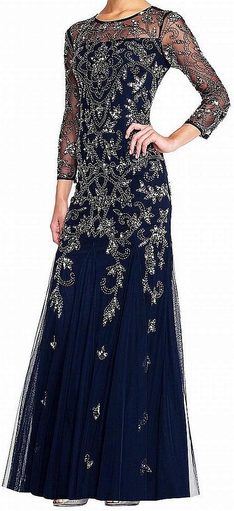 Adrianna Papell Women's Long Sleeve Bead Dress | Floor Length Formal Gown with Intricate Beading & 3/4 Length Sleeves