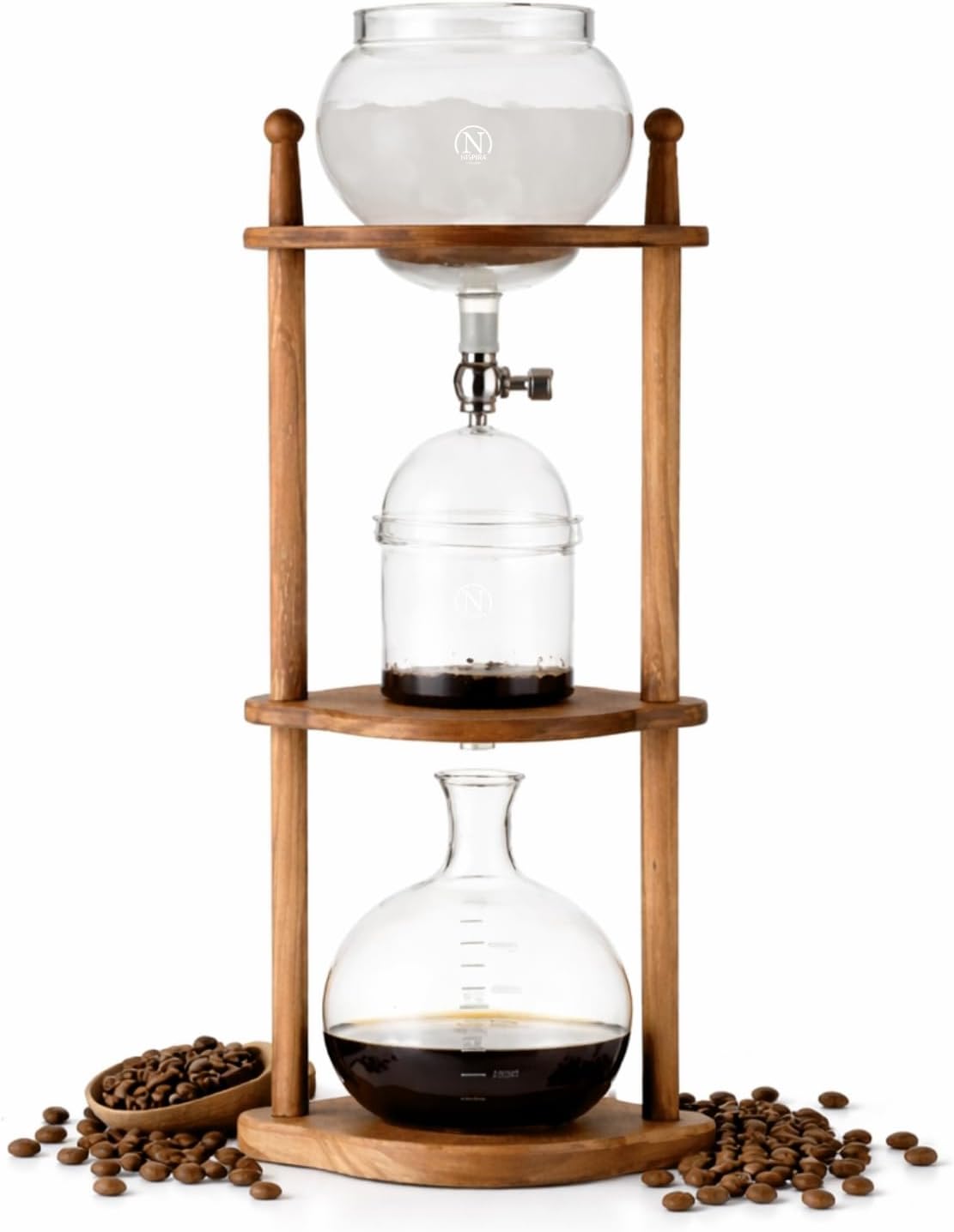 Nispira Iced Coffee Cold Brew Drip Tower Coffee Maker, 6–8 Cup Manual Cold Brew Brewer with Adjustable Valve, Wooden Frame & Glassware, Slow Cold Extraction System