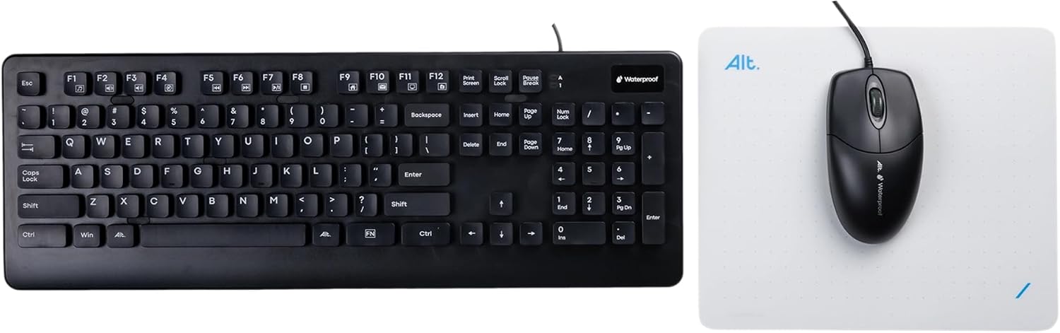 ALT Waterproof Keyboard and Mouse Combo Wired, USB Spill-Resistant Membrane Keyboard with Optical Mouse